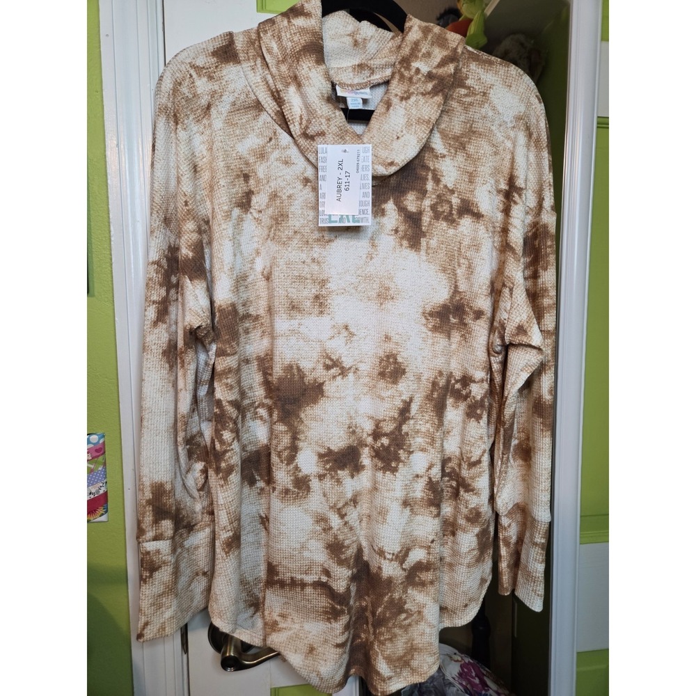 Lularoe Aubrey BROWN CREAM TIE DYE Womens Shirt Sz 2XL NWT Button Detail‎ Cuff